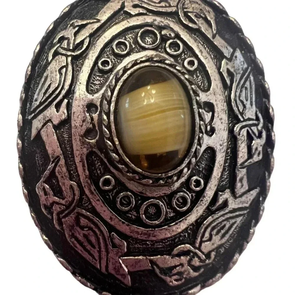 Vintage 60s-70s Oval Engraved Gemstone Brooch Pin Silver Tone